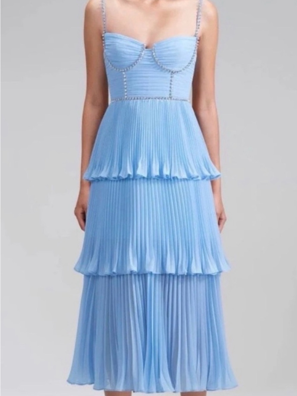 Self-Portrait Powder Blue Pleated Tiered Midi Dress
